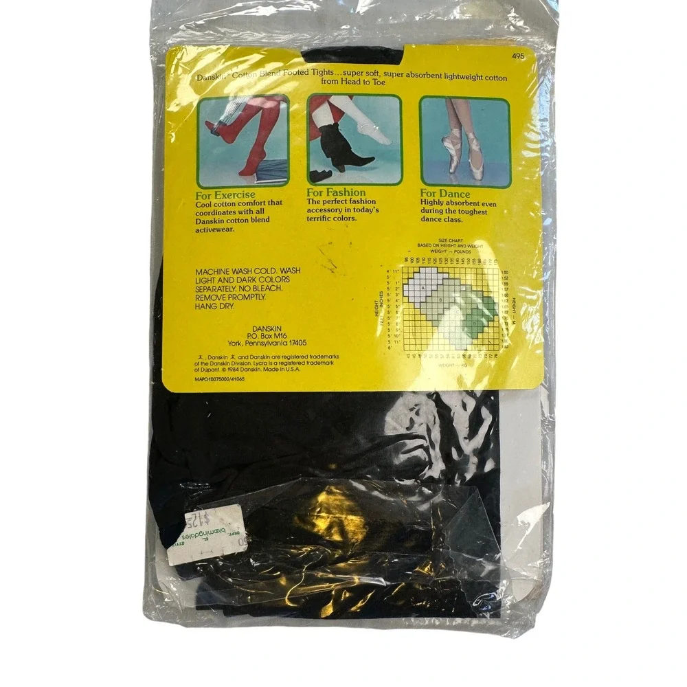 Danskin Tights Vintage 1980s Black Cotton Blend Footed Dance Size B NIP USA Made